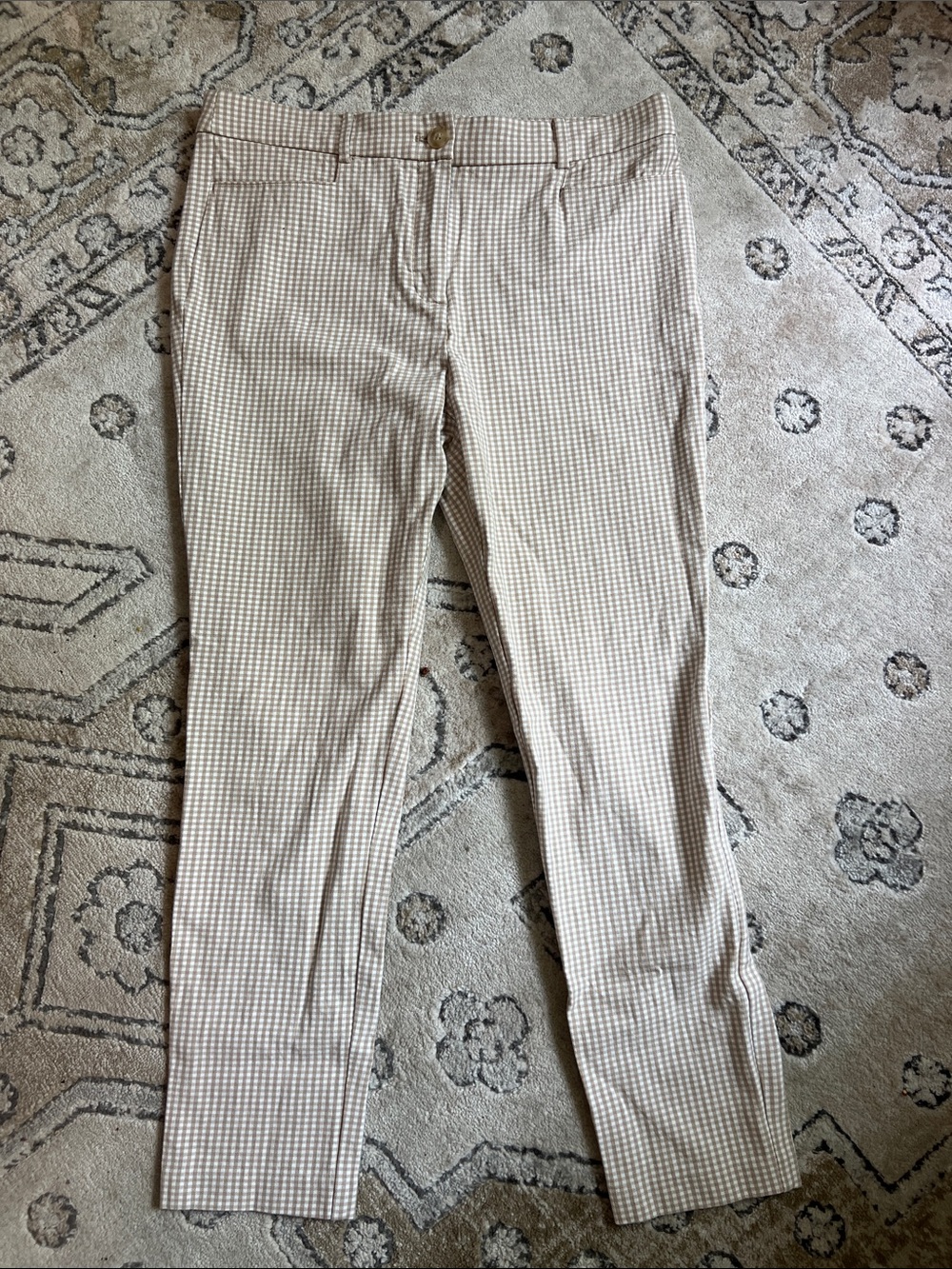 LOFT Beige and White Gingham Skinny Pants